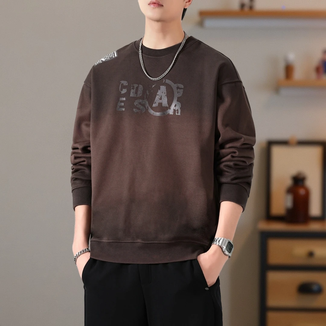 360g重磅渐变水洗印花圆领卫衣男秋季新款美式复古宽松休闲上衣潮