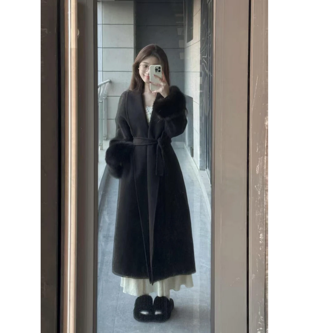 可拆卸高端袖口毛双面绒毛呢外套女小个子千金风高级感呢子大衣