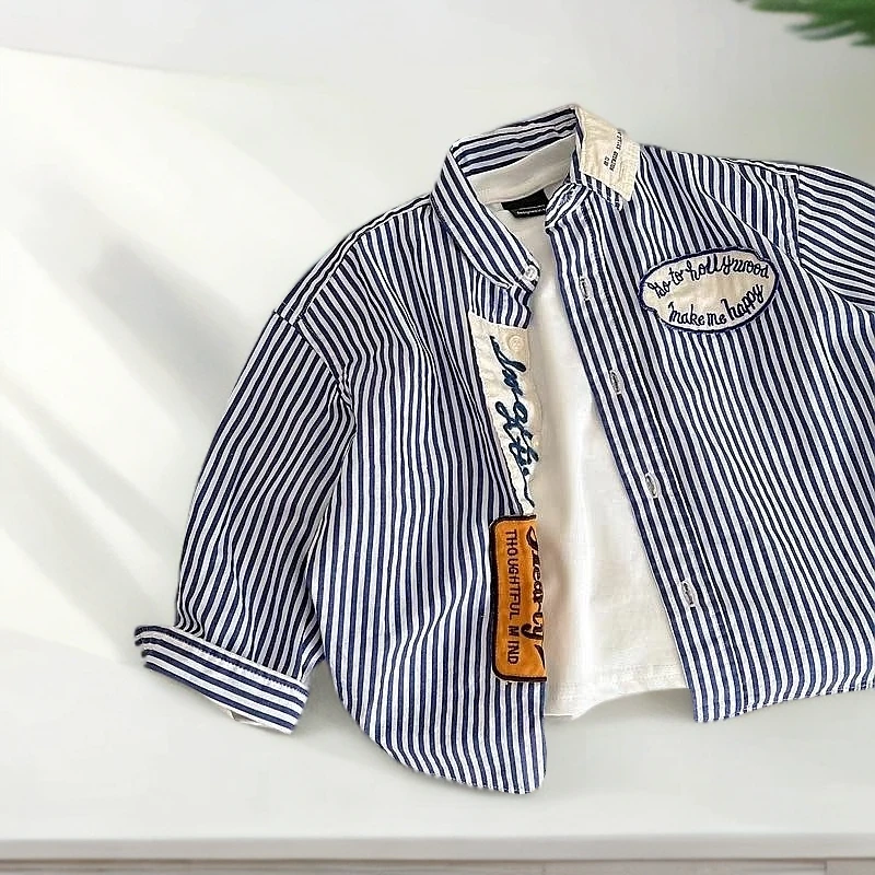儿童衬衫2025春秋新款男女童韩版条纹长袖上衣服潮流宝宝翻领衬衣