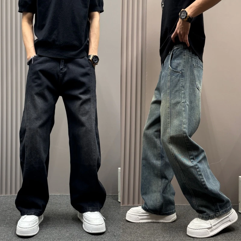 男款男士秋冬宽松垂坠感阔腿夏季裤做旧水洗质感高街复古牛仔长裤