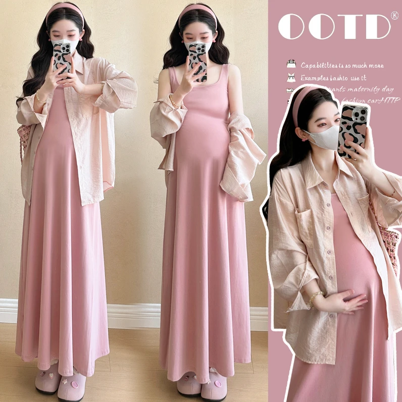时髦孕妇装新款2025夏季韩版时尚简约显瘦方领吊带裙防晒衬衣套装