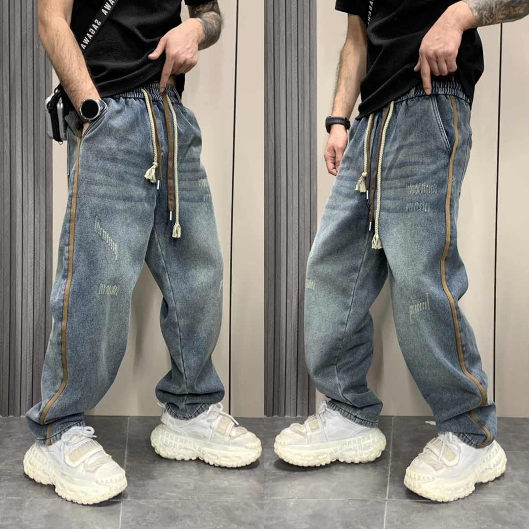 水洗做旧复古蓝牛仔裤男士秋冬加绒高街宽松直筒休闲裤拼接阔腿裤