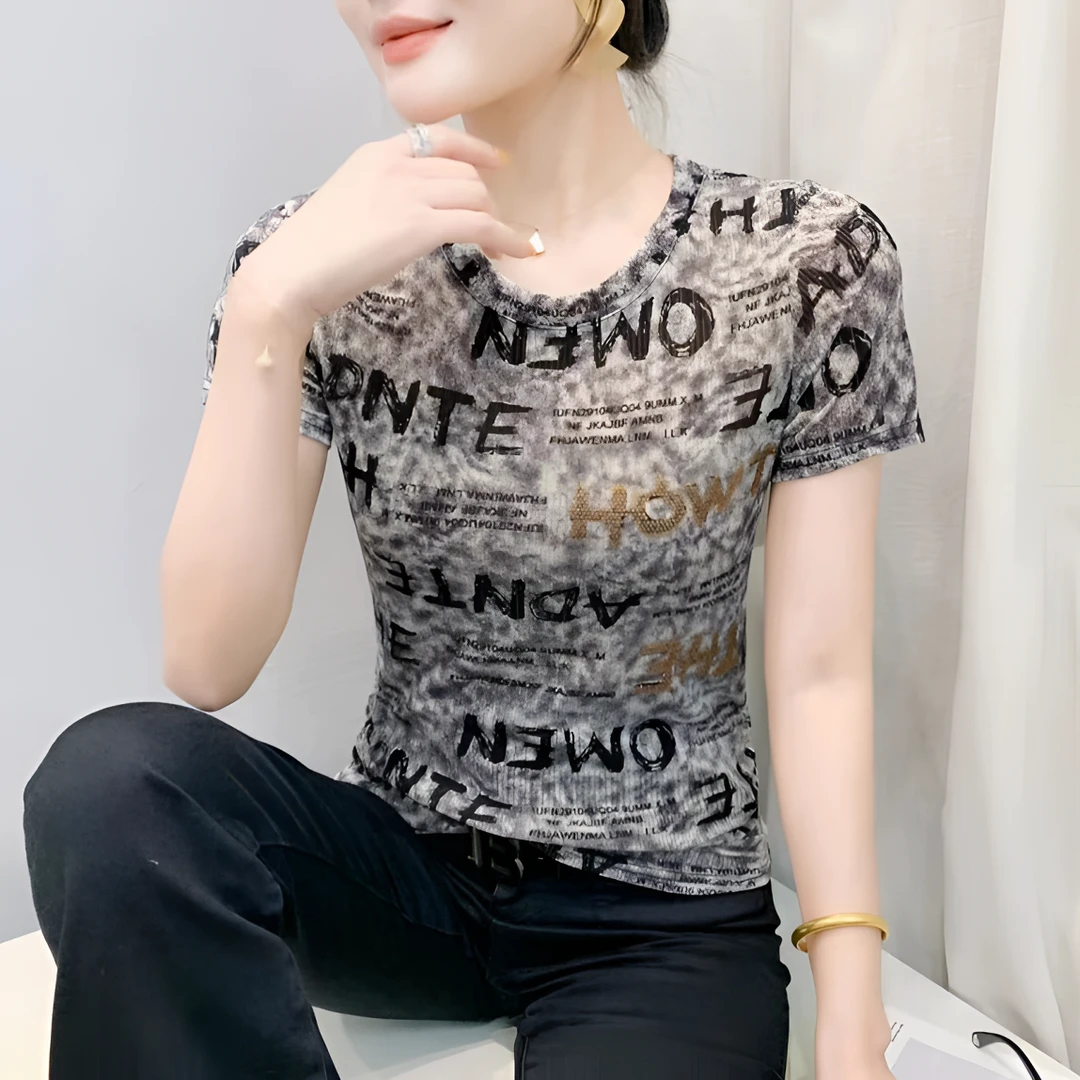 休闲风休闲韩版圆领女士镶钻T恤提花印花夏季短袖百搭气质显瘦