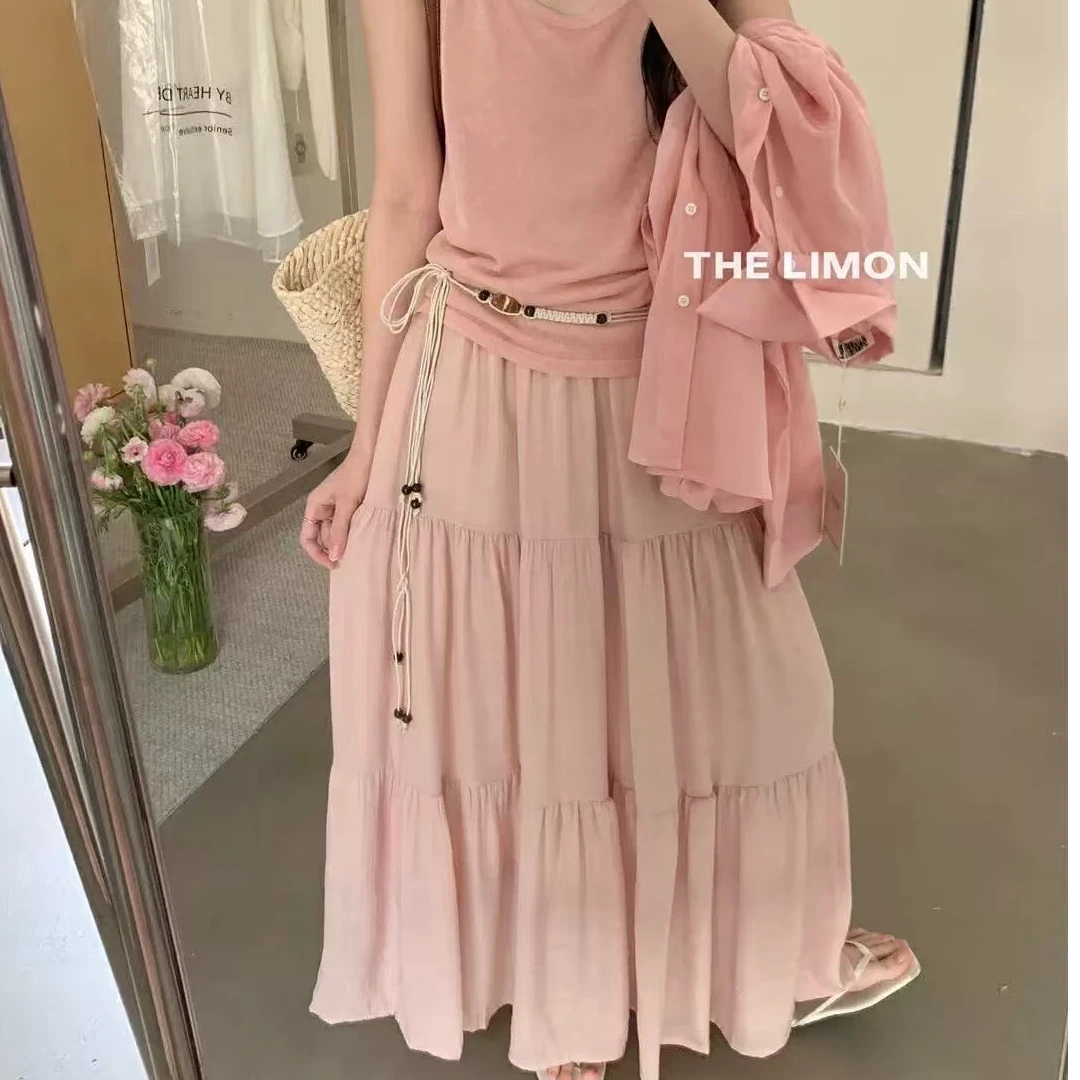 夏日多巴胺！2025夏季新款度假风温柔压褶松紧腰蛋糕裙半身裙女夏