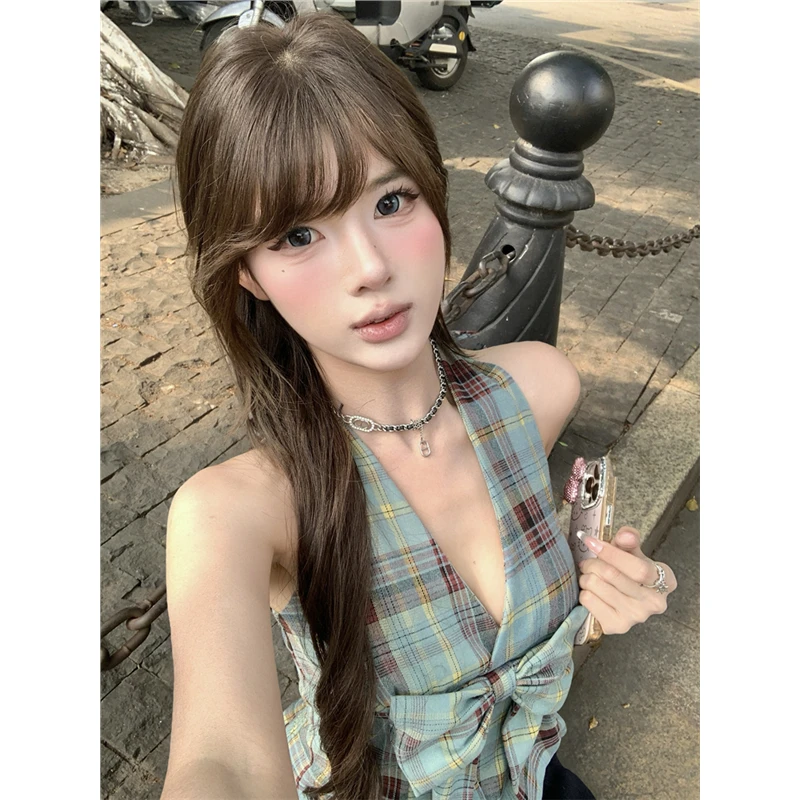 蝴蝶结格纹美背挂脖吊带背心女夏季修身收腰无袖外穿显瘦辣妹上衣