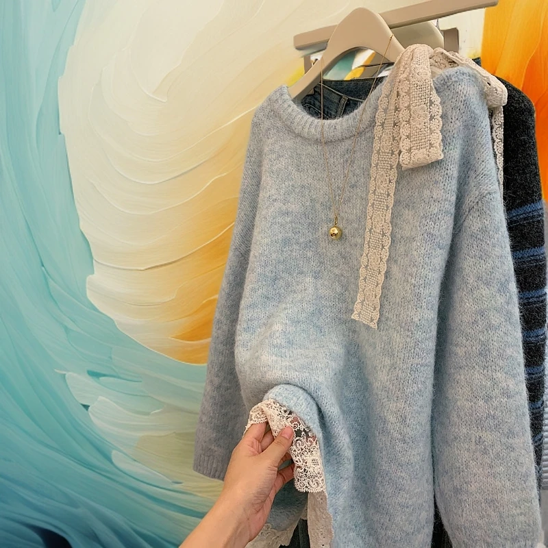 假两件蕾丝蝴蝶结奶呼呼软糯蓝色中长款毛衣女遮屁股慵懒风高级感