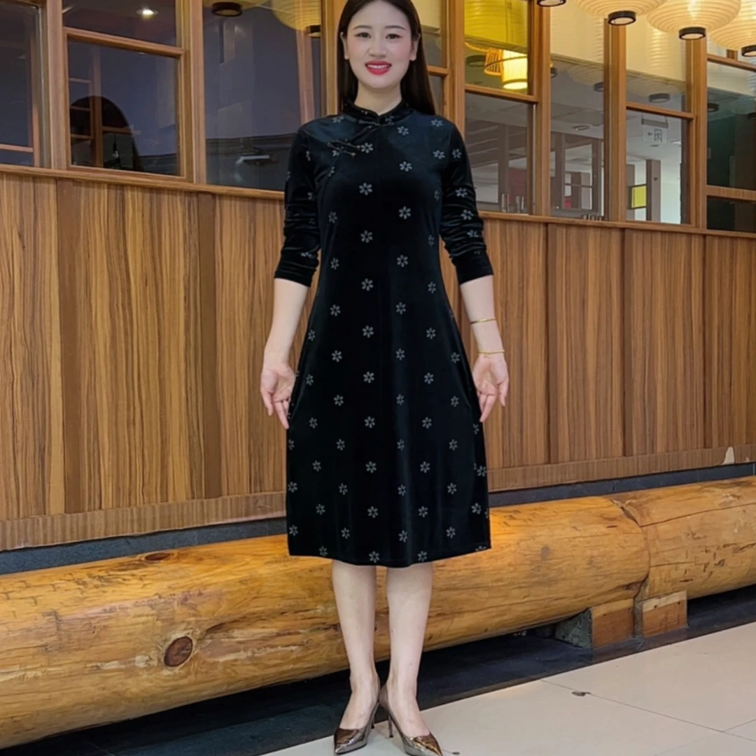 秋季新款气质改良版中长过膝烫金显瘦满天星妈妈连衣裙