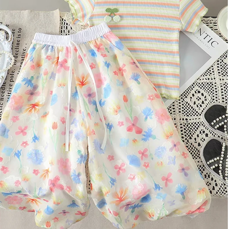 夏季卡通动漫女薄款常规阔腿花朵裤显瘦女童