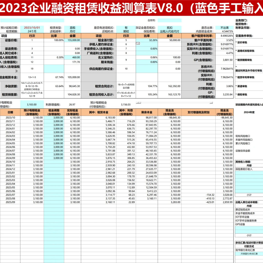 融资租赁收益测算表内部资金转移出租定价测算租赁定价模型excel