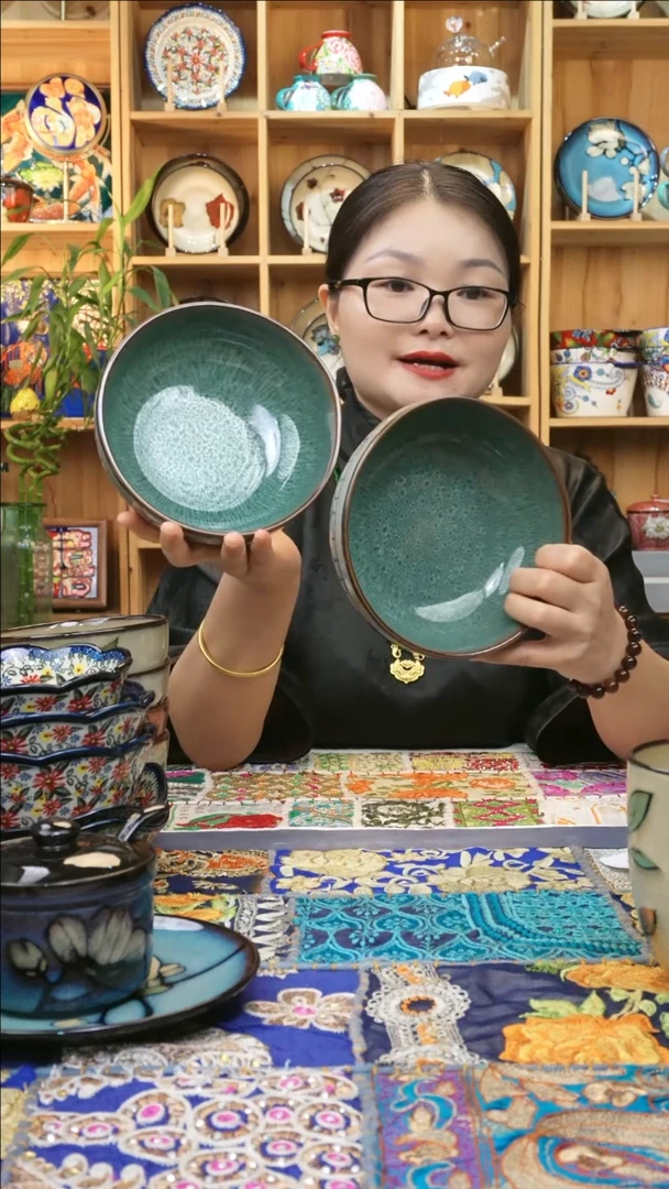 瓷片小可高温瓷餐具孔雀绿深盘2只