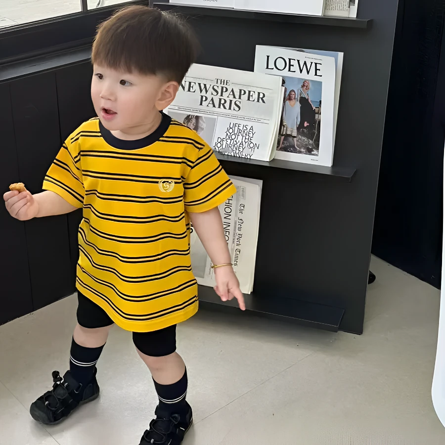 壹妈韩版童装男童套装2025夏季新款儿童条纹黄色短袖T恤打底裤潮