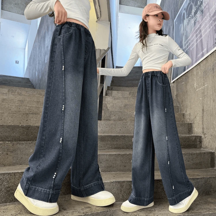 女童直筒牛仔阔腿裤2025春秋新款外穿中大童休闲长裤秋季儿童裤子