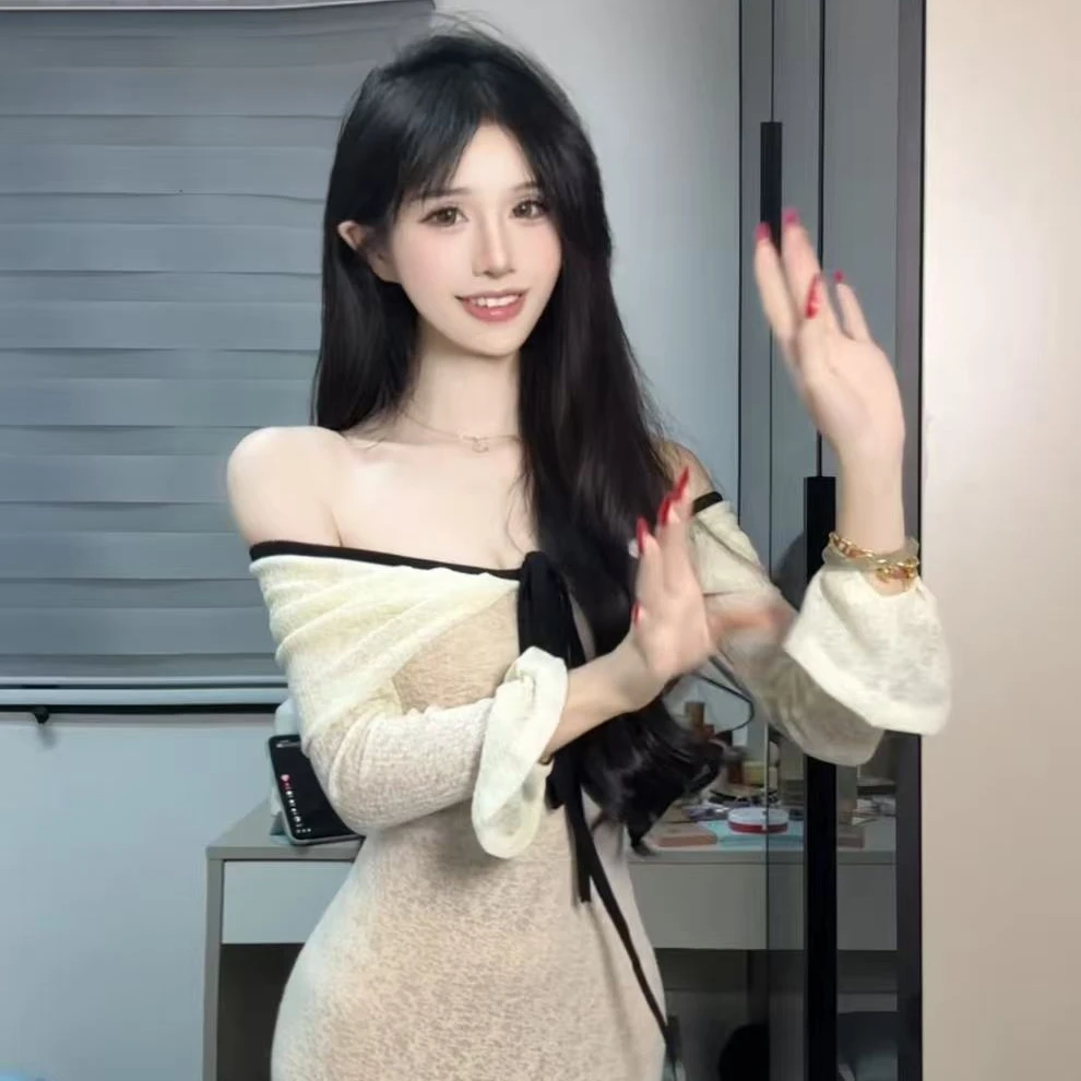 维尼【杏语黑结】初秋韩系新款显瘦纯欲设计款甜美纯欲风连衣裙L