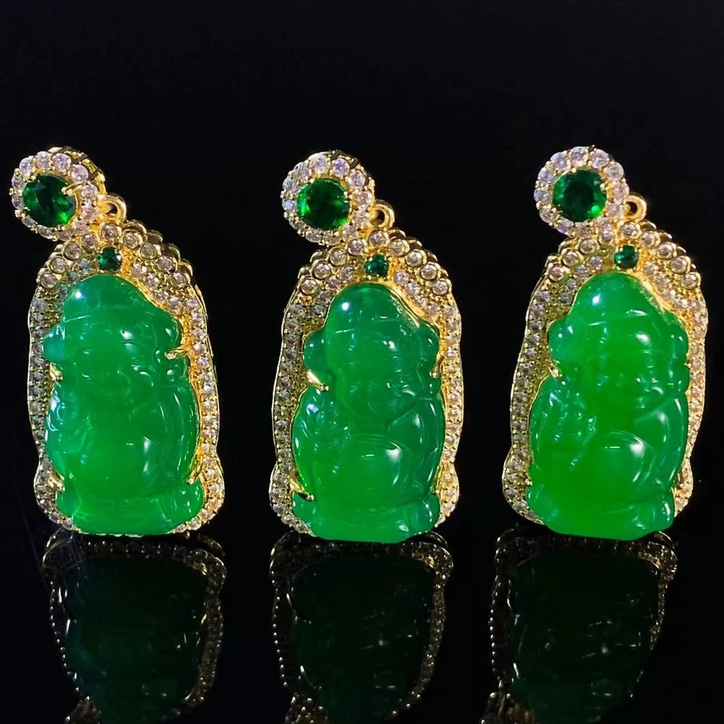 ST7080皇家翠灵玉玛瑙绿财神吊坠-配麻花链-多样性发货只发一件