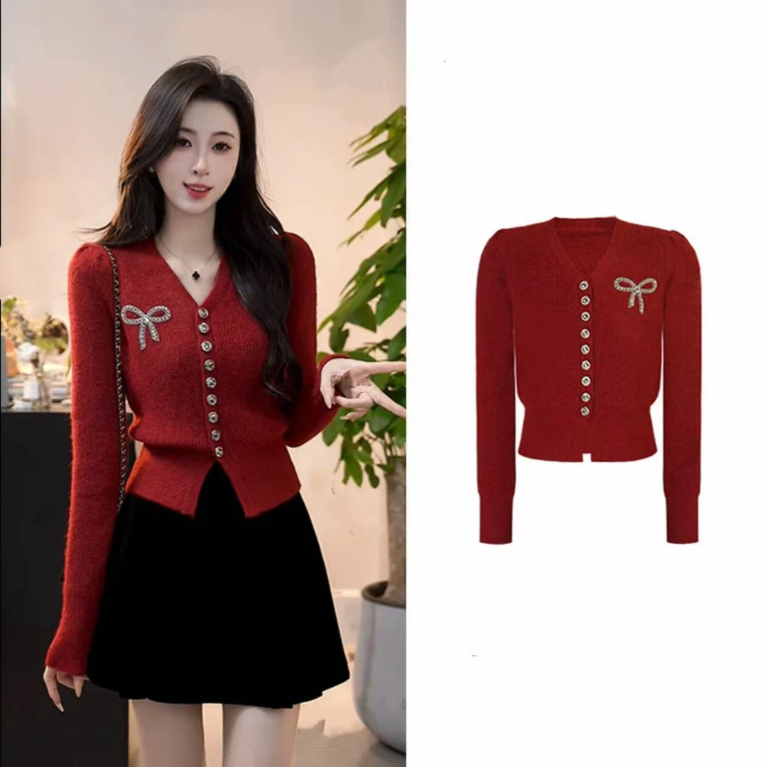 【樱川桃井】秋冬新款法式小香风秋冬复古红色蝴蝶结显瘦毛衣#9179