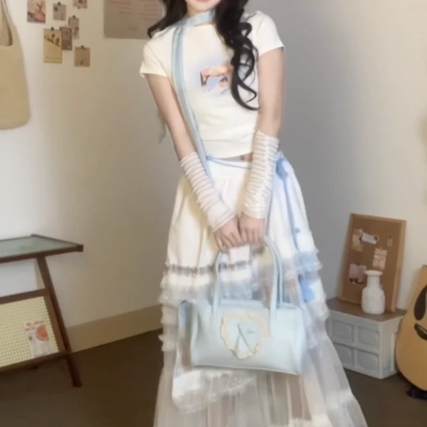 小清新学院风圆领短袖卡通上衣网纱拼接半身裙两件套装女夏407-7