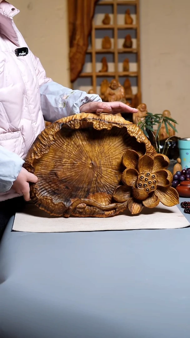 木金丝楠木手工雕刻荷叶盘C2115