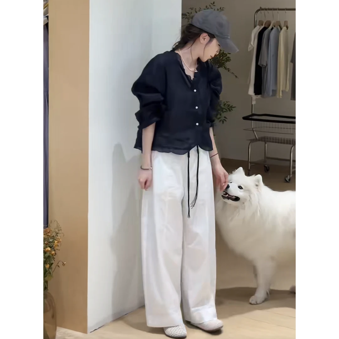 夏季时尚一整套女装2025新款韩版木耳边短款衬衫高腰休闲裤两件套