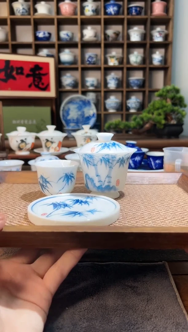 【闪购商品】140cc-竹子高足盖碗+盖置+铃铛杯