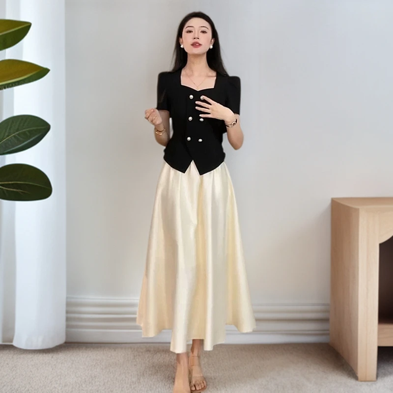 时尚穿搭一整套夏季新款高级感显瘦短袖上衣时尚高腰半身裙两件套