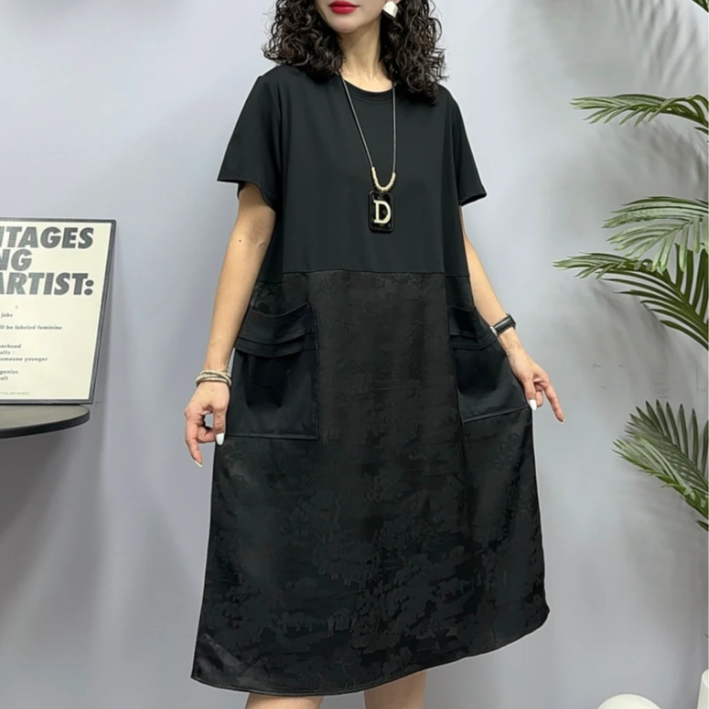 10847新款夏季休闲减龄宽松显瘦拼接优雅连衣裙QZ