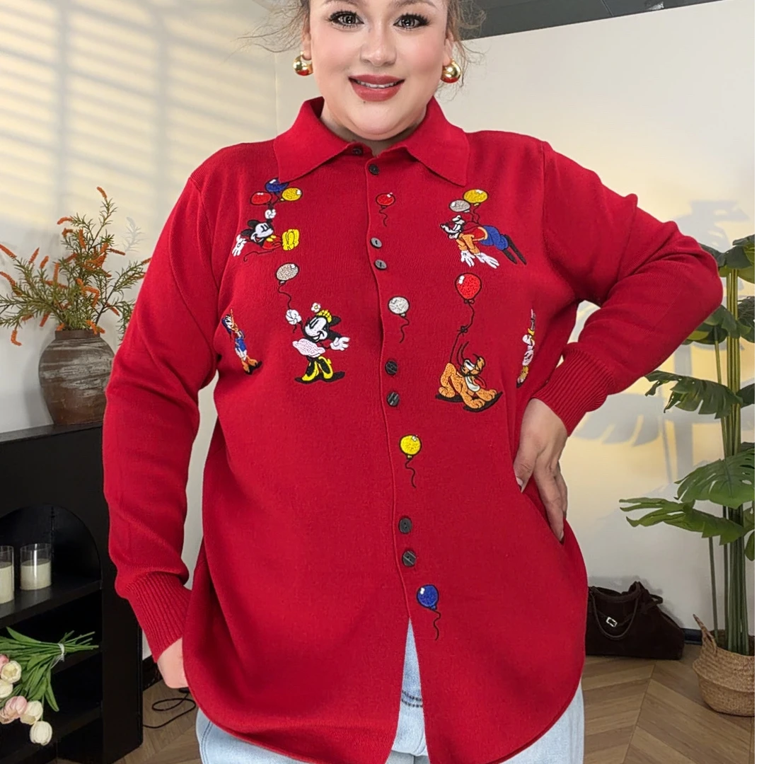 AHLIMA大码女装2025推荐款衬衫刺绣中国风针织中式毛针织衫时尚