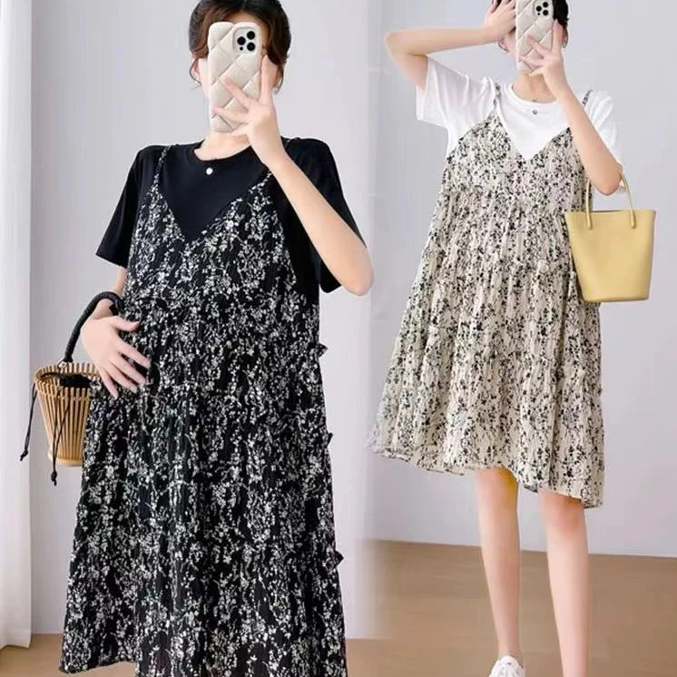 孕妇装夏装新款短袖假两件吊带碎花裙子宽松大码小个子连衣裙6707