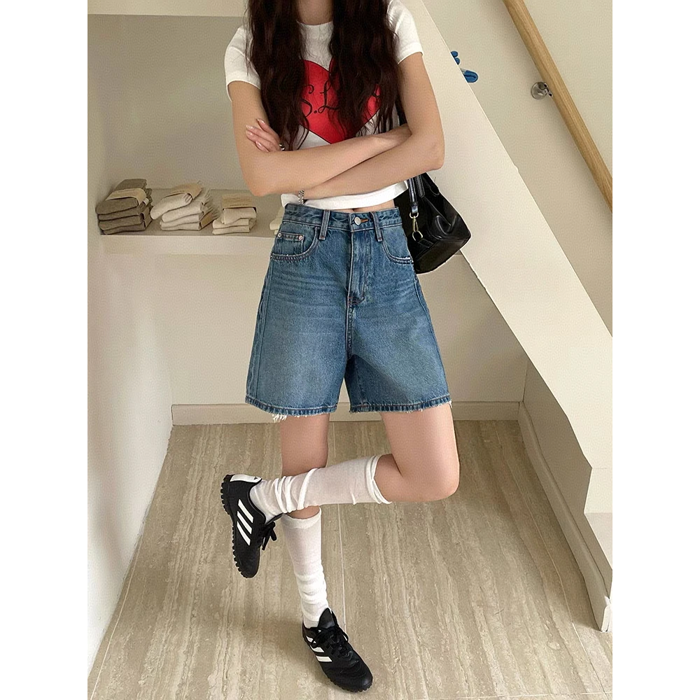 SU【1533】愫佩 代MWMA牛仔裤女春夏新款阔腿短裤显瘦蓝色A字中裤