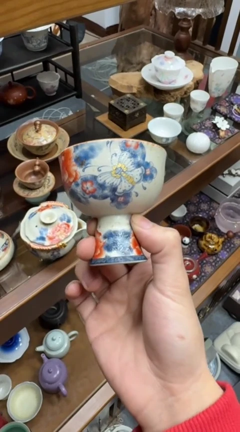 摆件陶茶具茶具茶具银彩蝴蝶高足杯