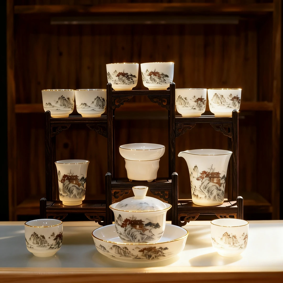 【有一窑】羊脂玉瓷湖光山色茶具套装