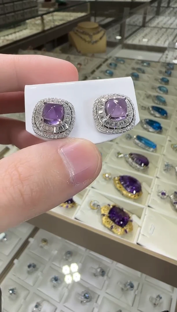 银S925镶嵌耳饰紫晶6mm耳钉糖塔设计款