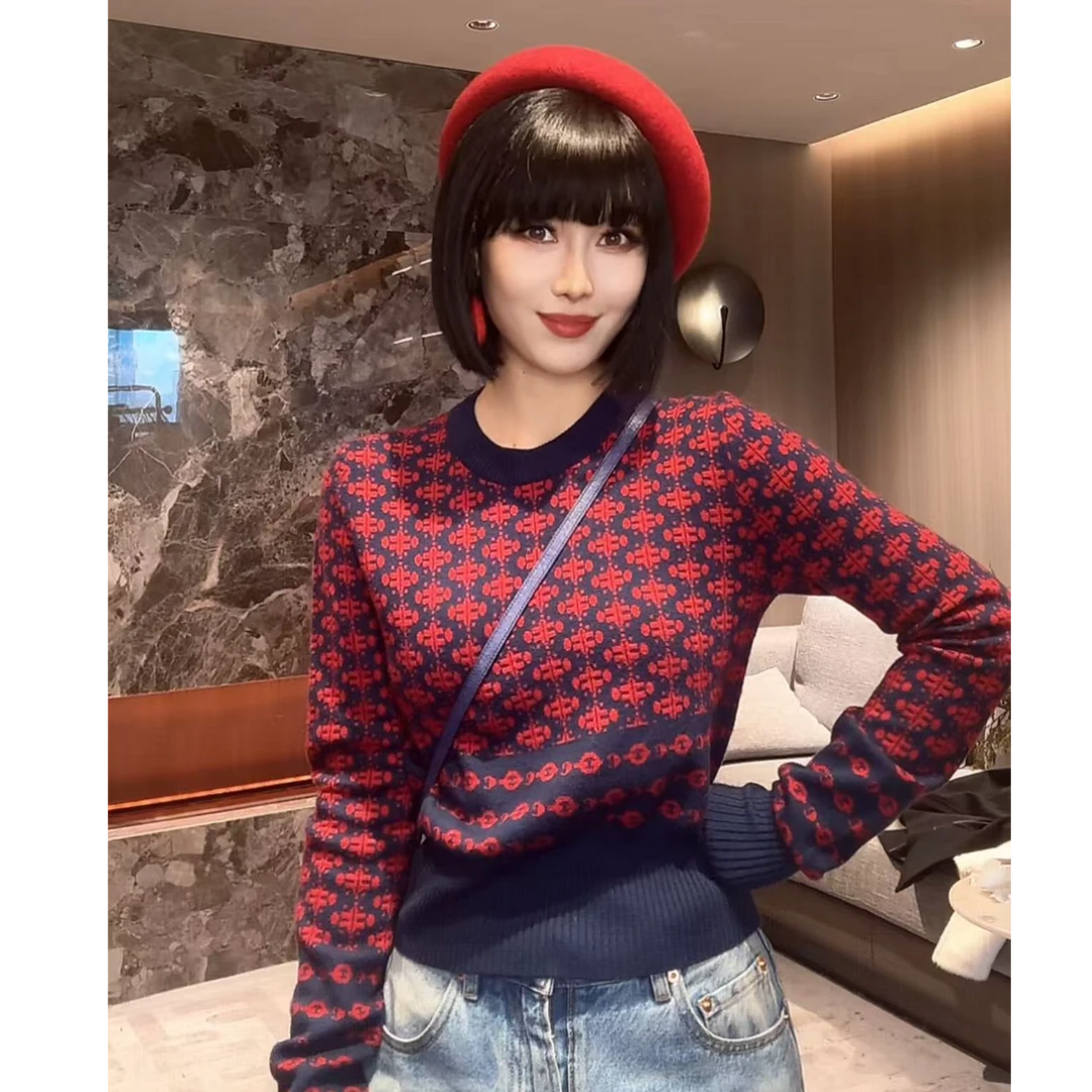 【MUOOT】新款套头时尚长袖保暖百搭红色提花毛衣上衣 E904