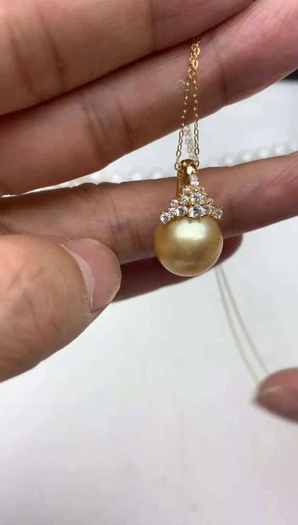 银S925镶嵌ff海水珍珠金珠吊坠(赠链）13~14mm