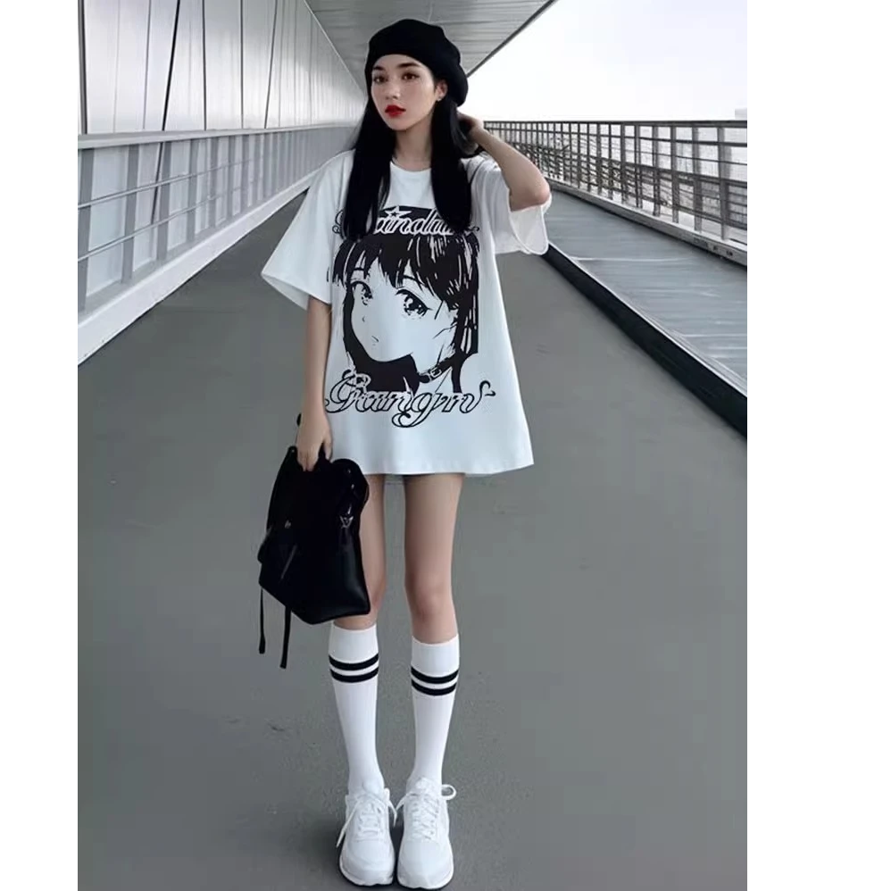 下衣失踪t恤女百搭短袖2025新款白色宽松中长款遮屁股二次元体恤