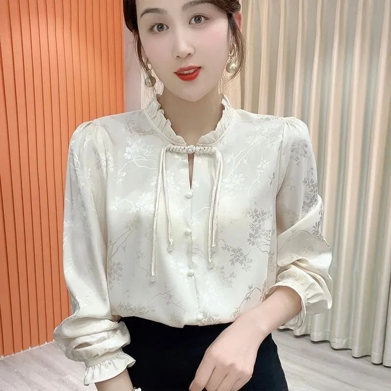 新中式国风衬衫女长袖2025年春季新款缎面提花设计感复古气质上衣