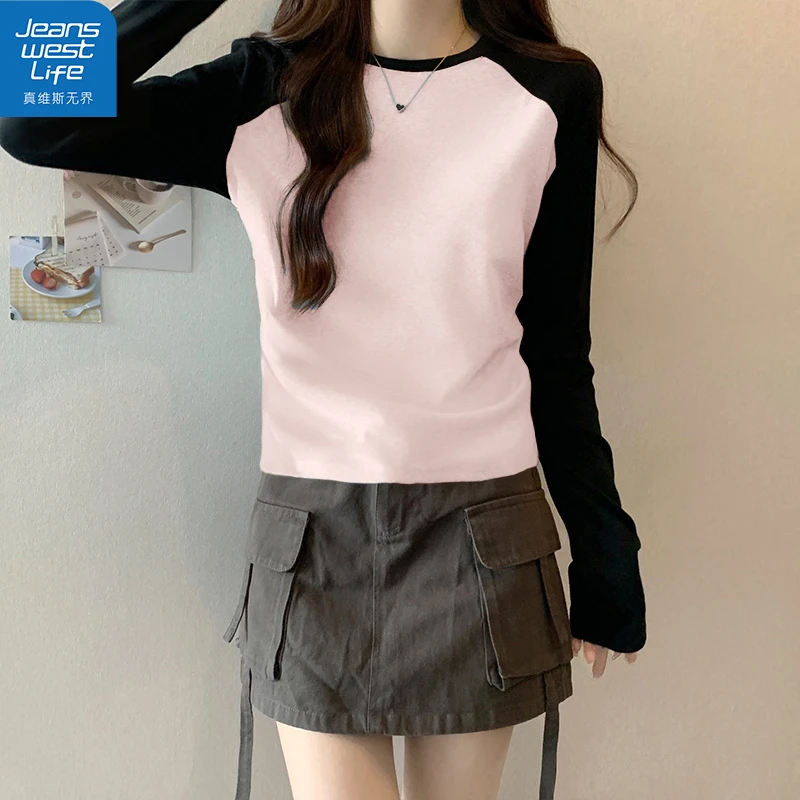真维斯无界女士修身撞色长袖春秋复古港风慵懒女新款爆款气质上衣
