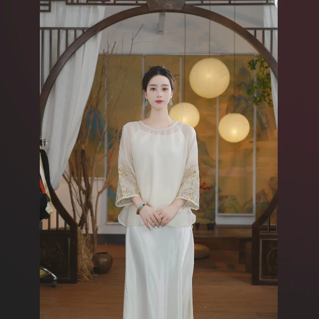 素娘新中式白色复古夏季文艺T恤仙气日常气质绣花民国风S25356D