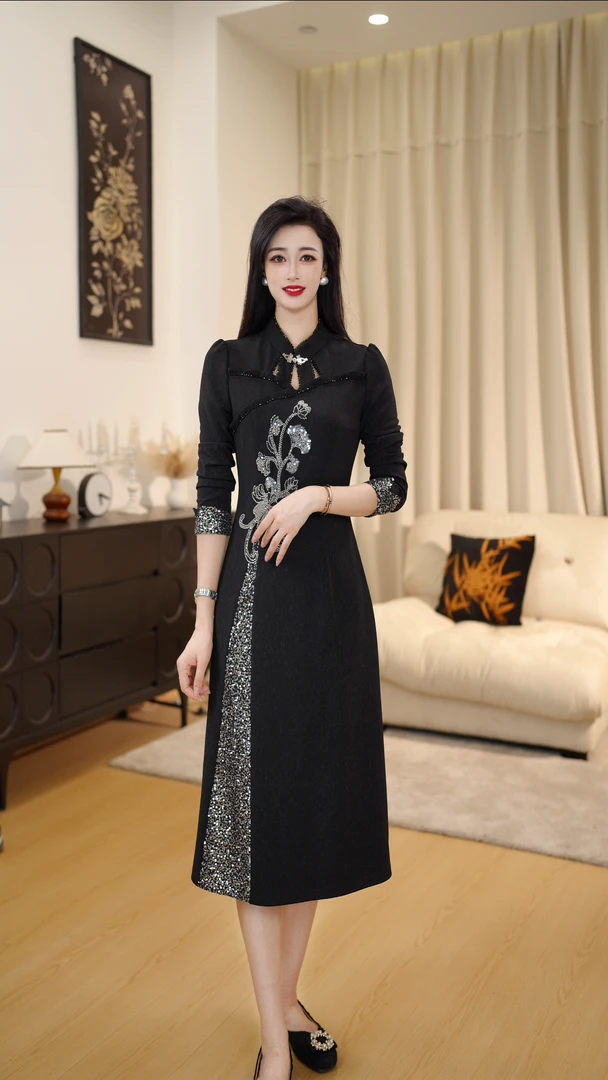 【 DLS5Q138】改良旗袍贵妇夫人连衣裙大码秋季长袖显瘦时尚气质