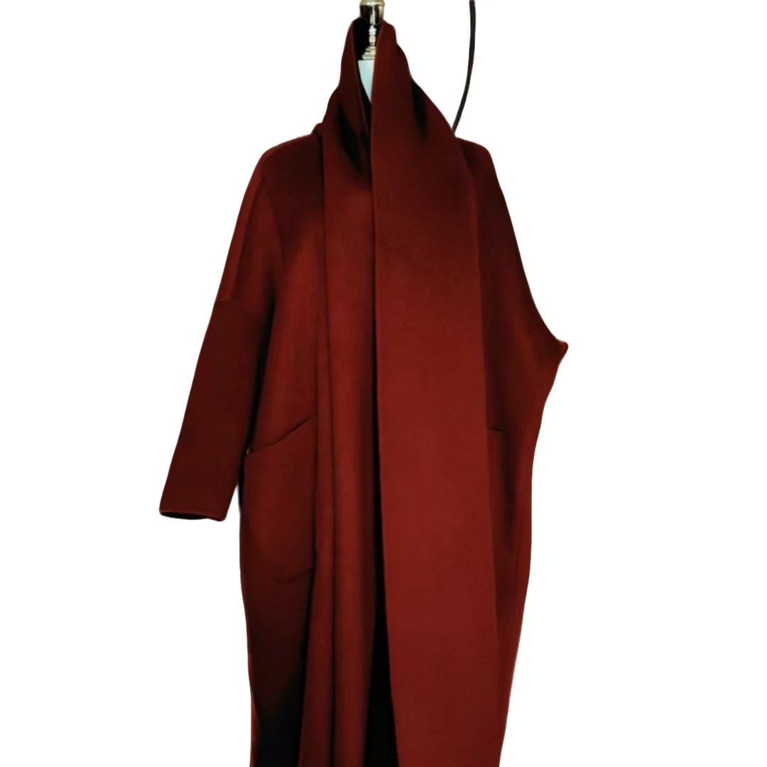 安哥拉红带腰带双面羊绒大衣