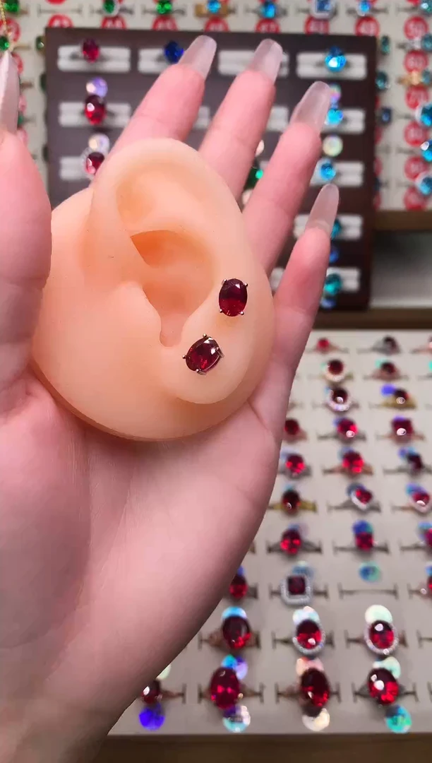 银S925镶嵌耳饰红宝石6*8 酒红 银托