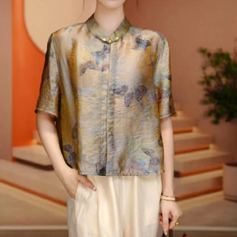 夏季立领衬衫妈妈时尚新款洋气宽松显瘦优雅轻奢气质印花百搭上衣