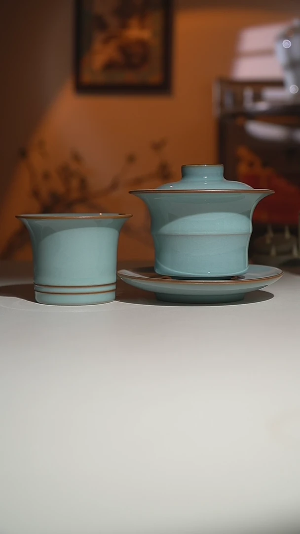 【闪购商品】其他天青支钉竹节盖碗＋影青杯