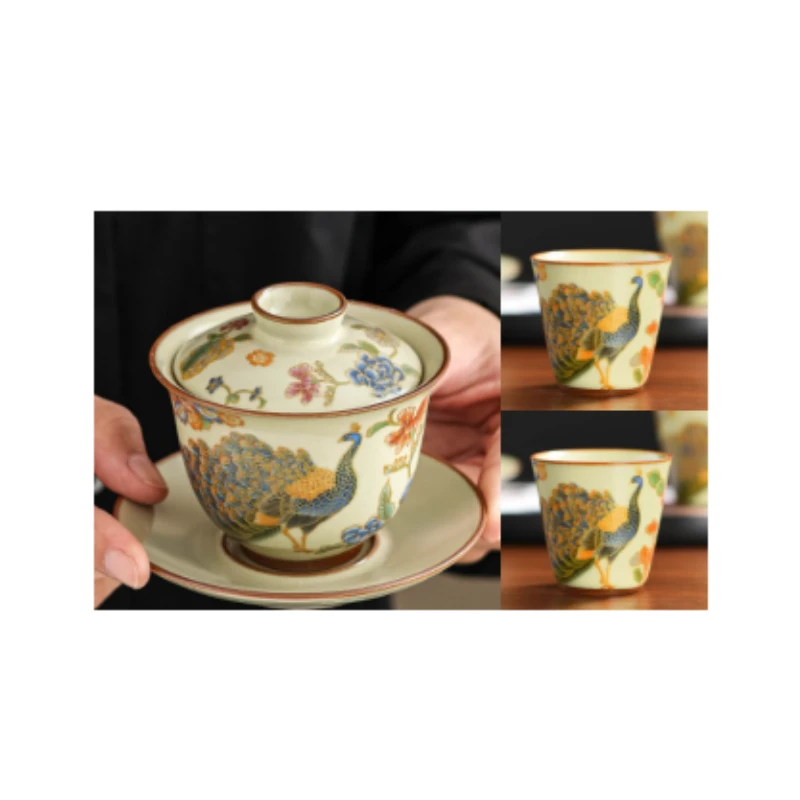 DD-茶具-汝窑大号中式孔雀三才盖碗+两个手工高档汝窑孔雀品茗杯