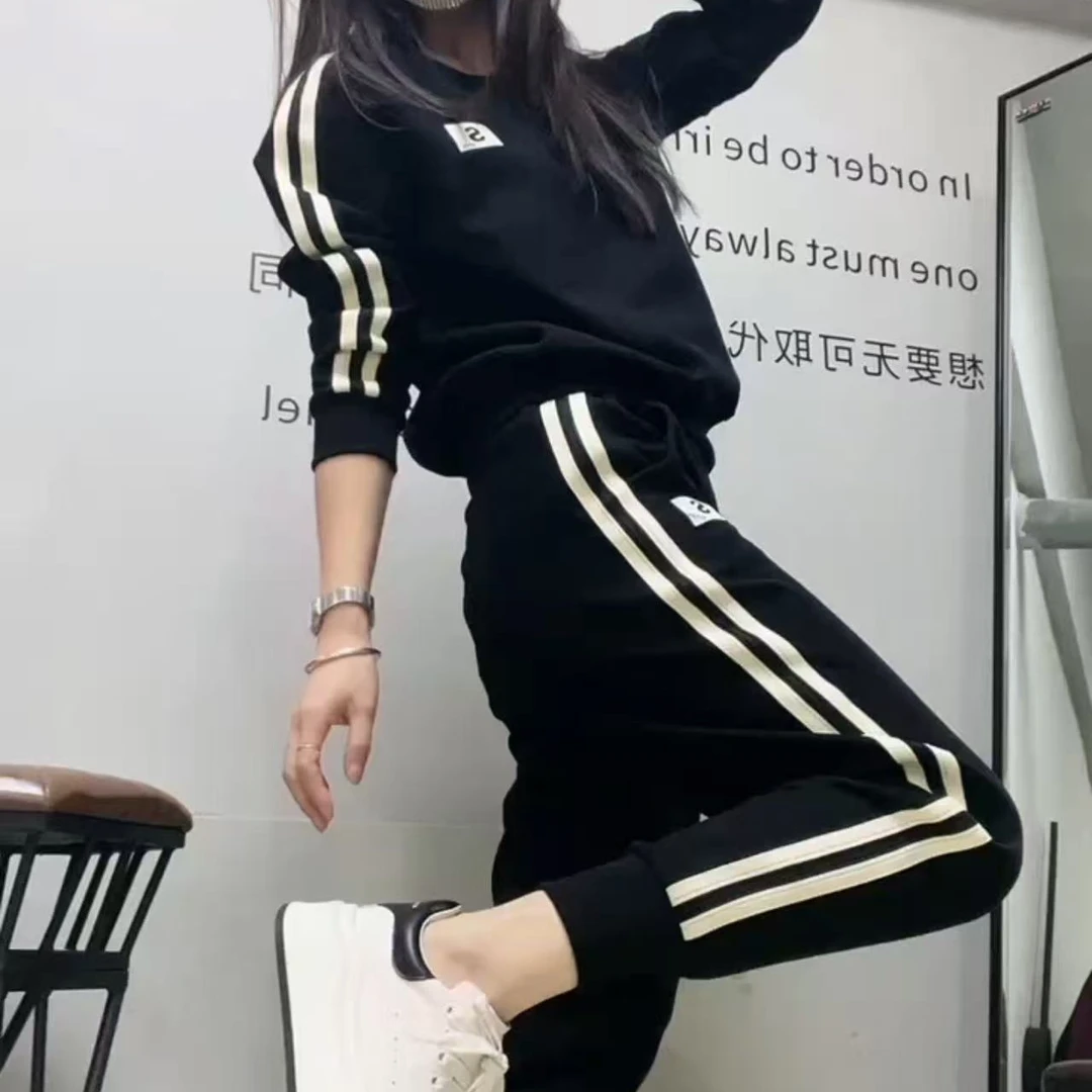 【芊莱】秋季条纹时尚百搭显瘦长裤拼色休闲运动套装宽松潮流女款