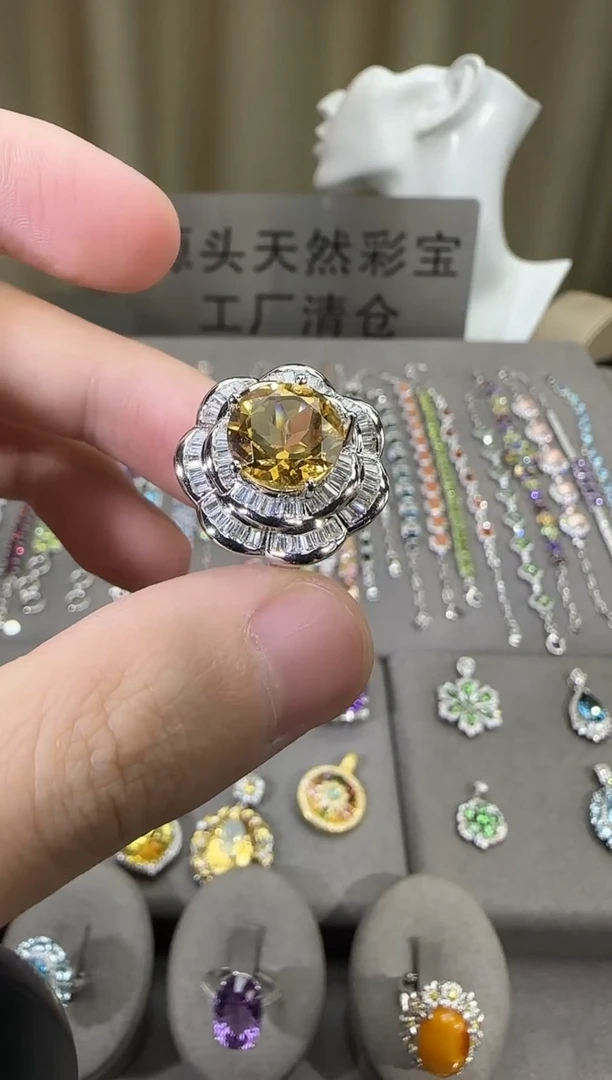 银S925镶嵌戒指黄晶11mm手捧花戒指设计款