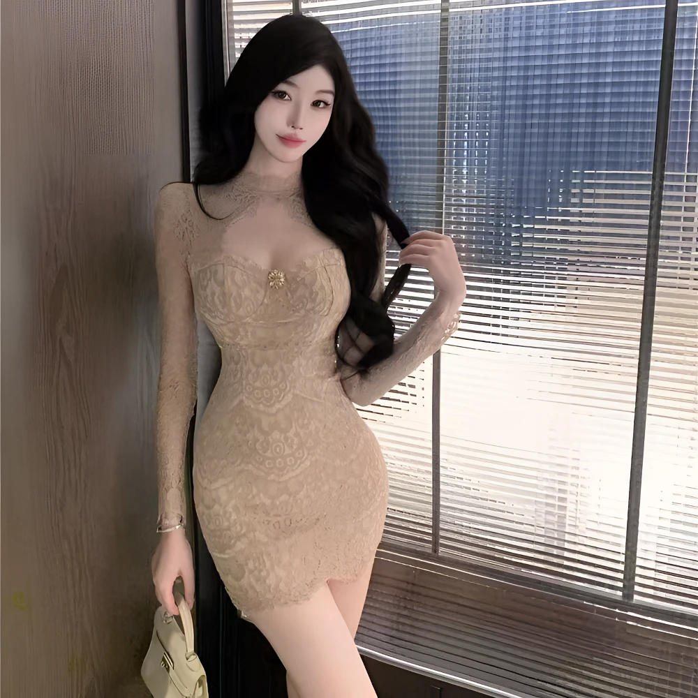纯欲辣妹蕾丝镂空长袖连衣裙女春秋收腰包臀短裙