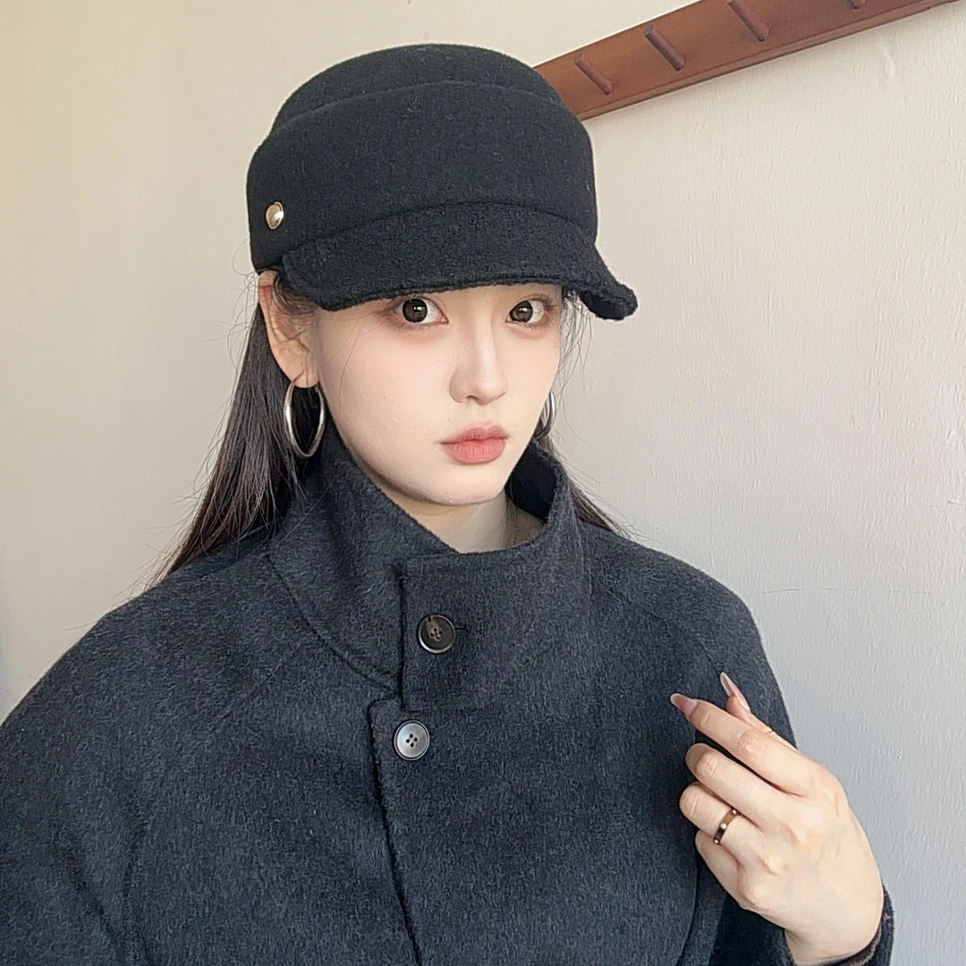 日系羊毛平顶马术帽子女秋冬季加厚保暖报童帽复古时髦鸭舌骑士帽