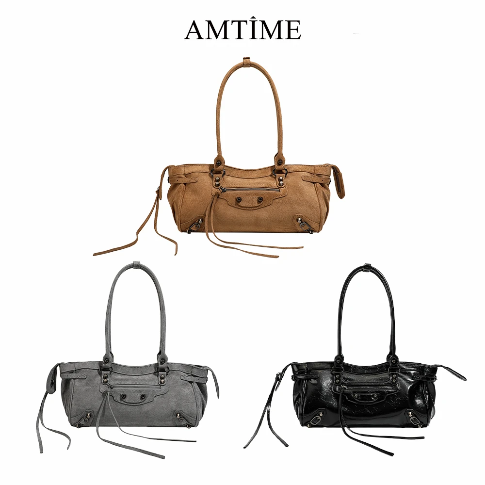 AMTIME 机车包磨砂通勤风铆钉纯色腋下包软皮凯莉包耐磨拉链