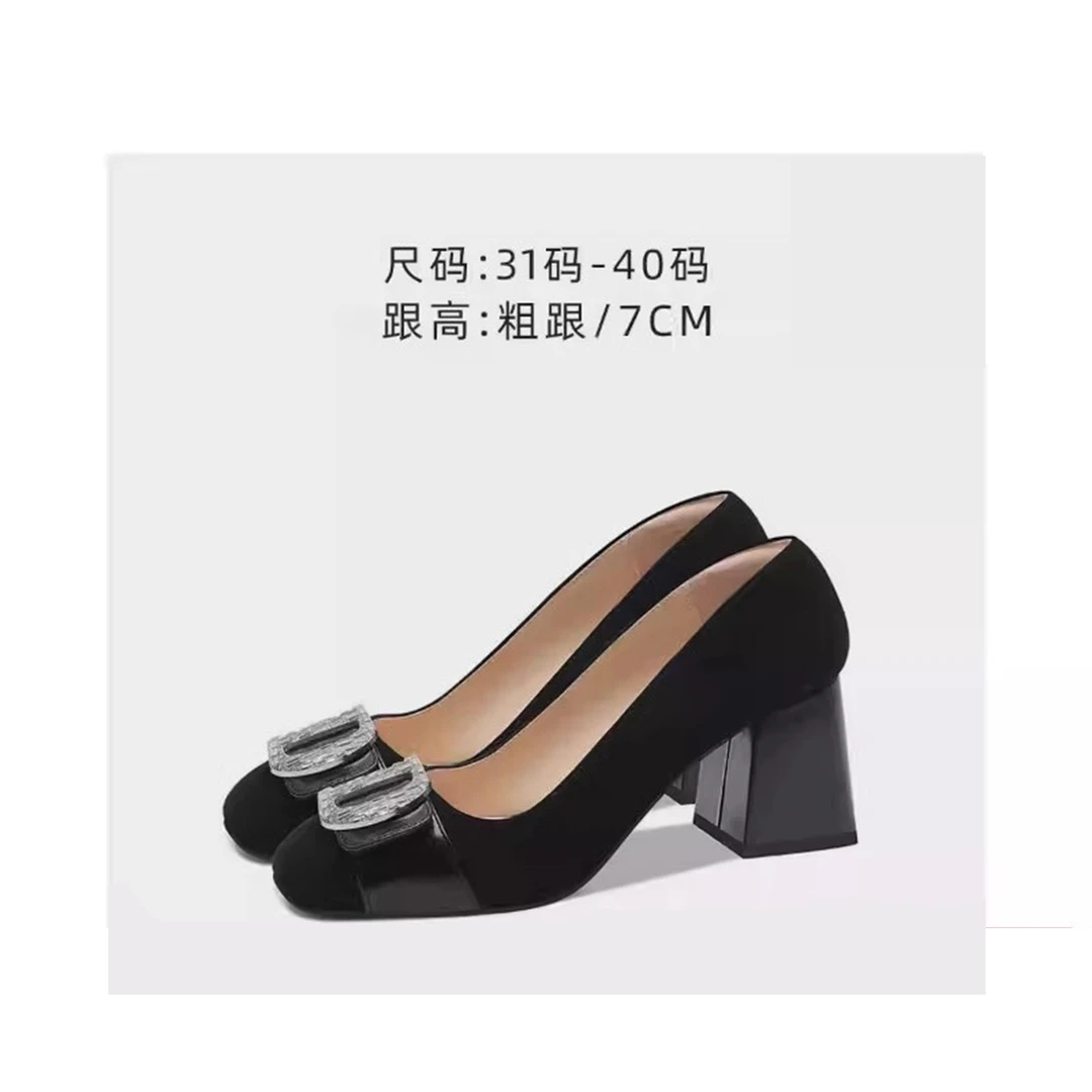 黑色反绒方头高跟鞋2025春季新款金属扣一脚蹬浅口仙女风粗跟单鞋
