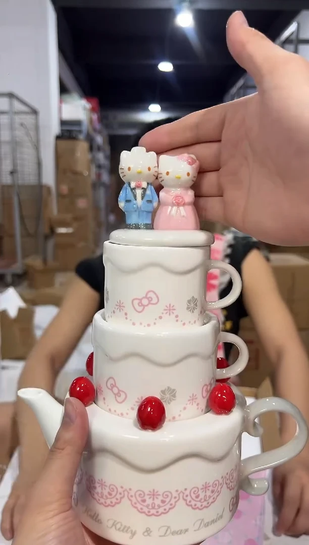 瓷片原盒结婚kt猫蛋糕茶壶